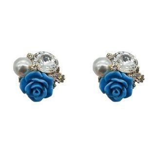 Rose Rhinestone Faux-pearl Earrings Blue - One Size