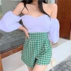 Puff-sleeve Off-shoulder Crop Top / Houndstooth Print Shorts
