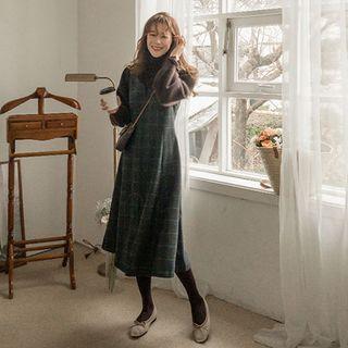 Notch-neck Plaid Long Overall Dress