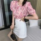 Floral Blouse / Plain Mini A-line Skirt