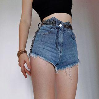 High-waist Washed Dotted Denim Skinny Shorts