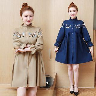 3/4-sleeve Floral Embroidery Mini Shirt Dress