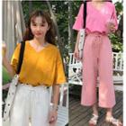 Short-sleeve V-neck T-shirt / Drawstring Waist Wide-leg Pants
