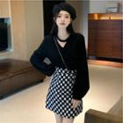 Set: Long-sleeve V-neck Top + Checkerboard Mini Pencil Skirt