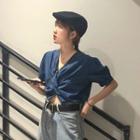 V-neck Puff-sleeve Cropped Blouse Blue - One Size
