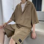 Set: Elbow-sleeve Letter Embroidered Shirt + Shorts