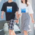 Couple Matching Printed Short-sleeve T-shirt / Plaid Shorts / Gingham A-line Midi Skirt