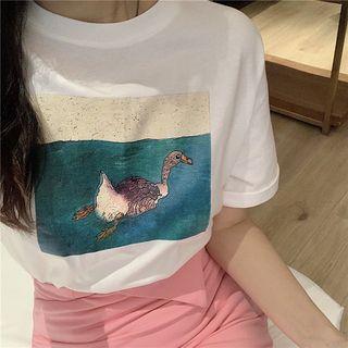 Print Loose-fit Short-sleeve T-shirt / High-waist Slim-fit Skirt
