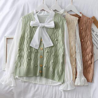 Pompom-accent Eyelet Knit Vest