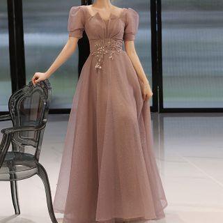 Puff-sleeve Sequined Mesh A-line Evening Gown