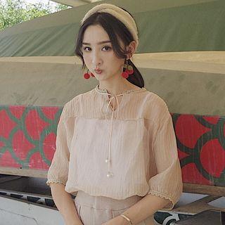 Set: Elbow-sleeve Blouse + Spaghetti Strap Top