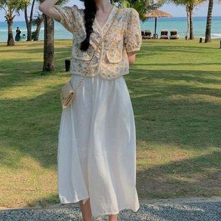 Floral Print Cutout Pocket Detail Top / High-waist Skirt