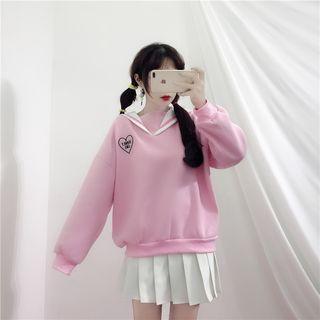 Heart Embroidered Sailor Collar Sweatshirt Pink - One Size