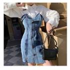 Set: Plain Lantern-sleeve Shirt + Strapless Denim Mini A-line Dress