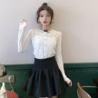 Long-sleeve Paneled Buttoned Knit Top / Mini A-line Skirt