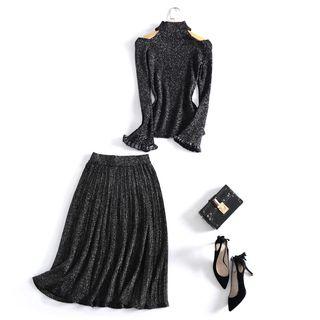 Set: Long-sleeve Cold Shoulder Knit Top + A-line Midi Skirt Black - One Size