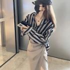 Striped Shirt / Plain Midi A-line Skirt