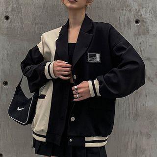 Paneled Lapel Collar Baseball Jacket