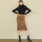 Slit-hem Leopard Knit Skirt Camel - One Size