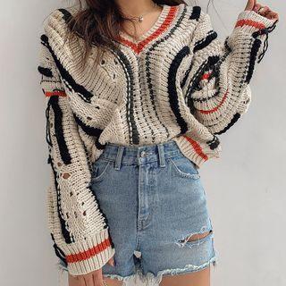 V-neck Contrast-trim Distressed Sweater Cream - One Size