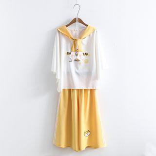 Dog Print Batwing-sleeve T-shirt / Wide-leg Pants / Set