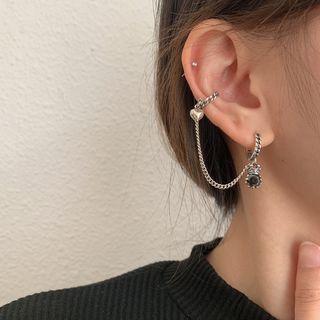 Rhinestone Chain Alloy Cuff Earring 1 Pc - Eh1271 - Dark Gray Rhinestone - Silver - One Size