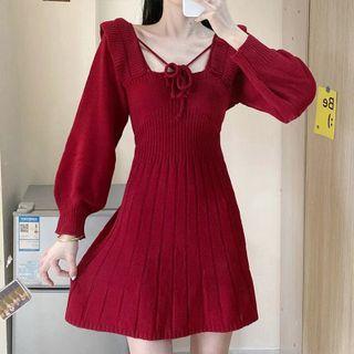 Long-sleeve Square-neck Plain Tie-strap Knit Dress
