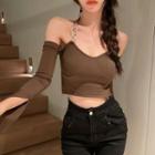 Long-sleeve Cold-shoulder Chain Detail Cropped T-shirt Coffee - One Size