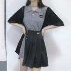 Elbow-sleeve Color Block Mini Polo Dress / A-line Mini Slit Pleated Skirt