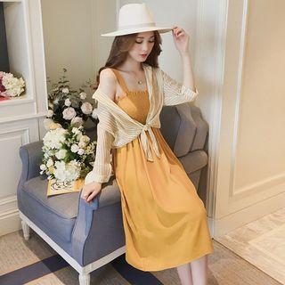 Set: Striped Elbow-sleeve Shirt + Plain Spaghetti Strap A-line Dress