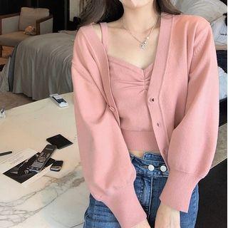 Set: V-neck Knit Cardigan + Ruched Top