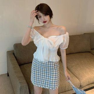 Ribbon Short-sleeve Ruffle Hem Blouse