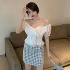Ribbon Short-sleeve Ruffle Hem Blouse