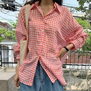 Long-sleeve Plaid Shirt Orange Red - One Size