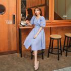 Puff-sleeve Belted Plaid Midi Shirtdress