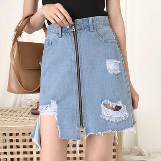 Zip Front Ripped Denim Skirt