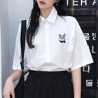 Elbow-sleeve Cat Embroidery Shirt