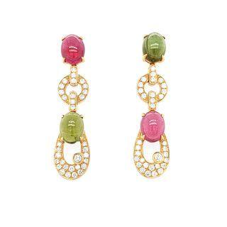 18k Yellow & White Gold Fancy Design Earring Set With Tourmaline, Diamond One Size