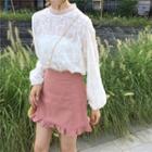 Long-sleeve Embroidered Blouse / Mini A-line Skirt