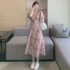 Puff-sleeve V-neck Floral Single-breasted Dress