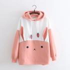 Rabbit Print Color-block Fleece-lined Hoodie Pink - One Size
