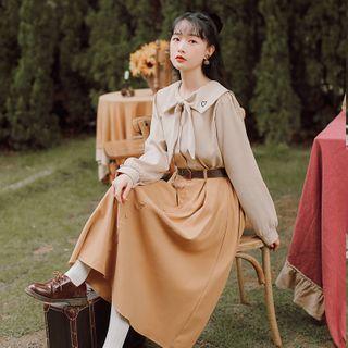 Heart Embroidered Blouse / Midi A-line Skirt