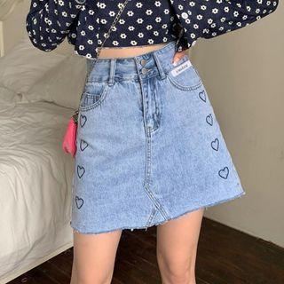 Heart Embroidered Mini A-line Denim Skirt