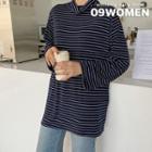 Mock-neck Wide-sleeve Stripe T-shirt