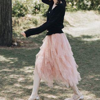 Set: V-neck Cardigan + Tiered Midi Skirt