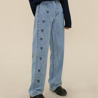 Heart Printed Straight-leg Jeans