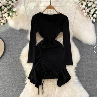 Long Sleeve Plain Drawstring Asymmetrical Dress Black - One Size