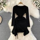 Long Sleeve Plain Drawstring Asymmetrical Dress Black - One Size