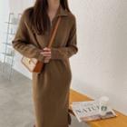 Long-sleeve Half-zip Knit Midi Dress