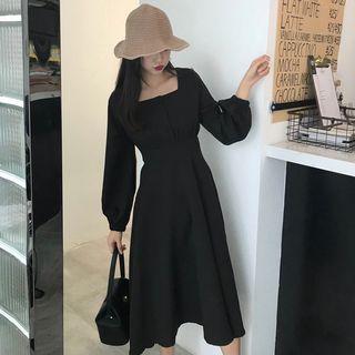 Puff-sleeve Plain A-line Long Dress